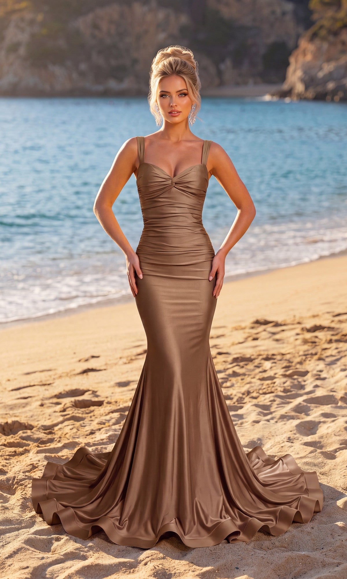 A woman wearing the Atria 7090H long prom dress in Sand, featuring a fitted mermaid silhouette and lace-up back, stands on a sandy beach with water and rocky cliffs in the background.